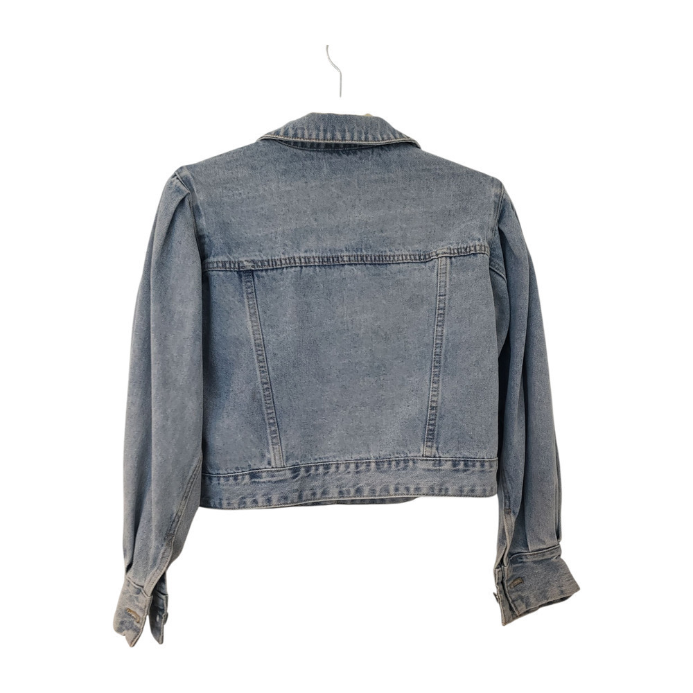 Denim Jacket Womens Large Light Wash Cropped Puff Shoulder Unworn NWOT Mable L - Picture 4 of 16
